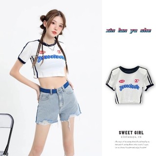 Xin LAN YA SHE Nữ Gia Vị Bé Gái Mỹ Ngọt Ngào Nóng Vai Ngắn Tay Áo Thun Ngắn