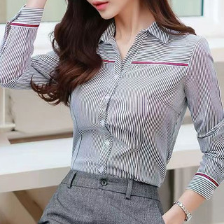 Áo sơ mi sọc cổ chữ V phong cách mới dành cho nữ dài tay phiên bản Hàn Quốc Slim-fit Professional We