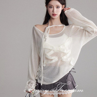 Enjoy Freedom Áo thun dài tay dệt kim nơ trắng trong suốt nguyên chất