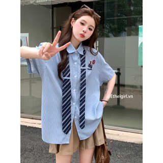 Ethelgirl Áo Sơ Mi Tay Ngắn Sọc Xanh Hàn Quốc Quần Áo Nữ Retro Cổ Áo Polo