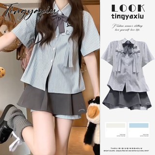 Áo sơ mi sọc nơ nữ TINGYAXIU Áo sơ mi preppy Dopamine + bộ hai mảnh váy lưng cao