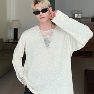 Hàn Quốc Niche Rỗng Thiết Kế Cổ Chữ V Áo Thun Dài Tay Nam Rời Mỏng Dệt Kim Áo Len Xu Hướng Bên Trong Đáy Áo Sơ Mi