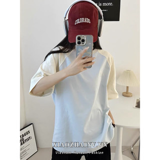 Xiaozhainv Thiết kế nối thời trang cotton nguyên chất Áo thun ngắn tay dáng rộng cổ điển dành cho nữ