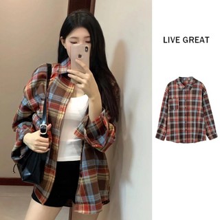 Live GREA Áo sơ mi nữ dài tay kẻ sọc phong cách đại học cổ điển Nhật Bản dáng rộng