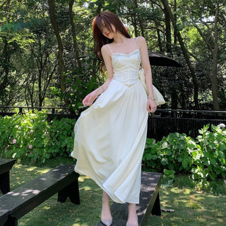 Kỳ nghỉ du lịch Pháp Váy dài màu trắng thông thường dành cho nữ Slim-fit Thiết kế xếp li đính đá eo hẹp không tay Voan dài vừa phải A @