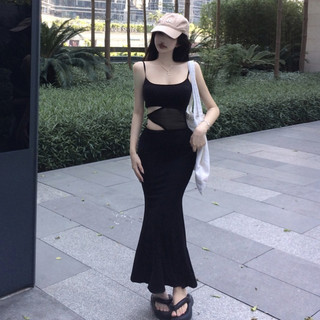 Tiệc Đảng Pháp Váy Dài Màu Đen Gợi Cảm Ôm Eo Hẹp Co Giãn Rỗng Không Tay Giữa @ -