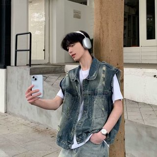 Áo khoác ve áo denim cổ điển kiểu Mỹ quần áo nam xuân hè rách phiên bản Hàn Quốc của áo khoác ngoài không tay dáng rộng