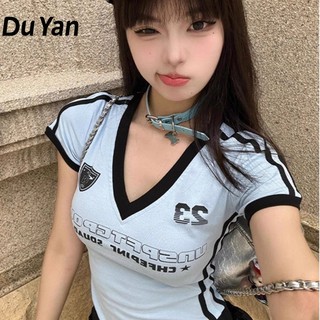 Áo thun ngắn tay DU YAN Raglan dành cho nữ, áo sơ mi nữ cổ chữ V ôm sát hot girl