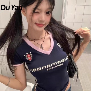 Du YAN Hot Girl Áo thun ngắn tay in hình tương phản cổ chữ V dành cho nữ thể thao thon gọn vừa vặn vai thẳng hàng đầu