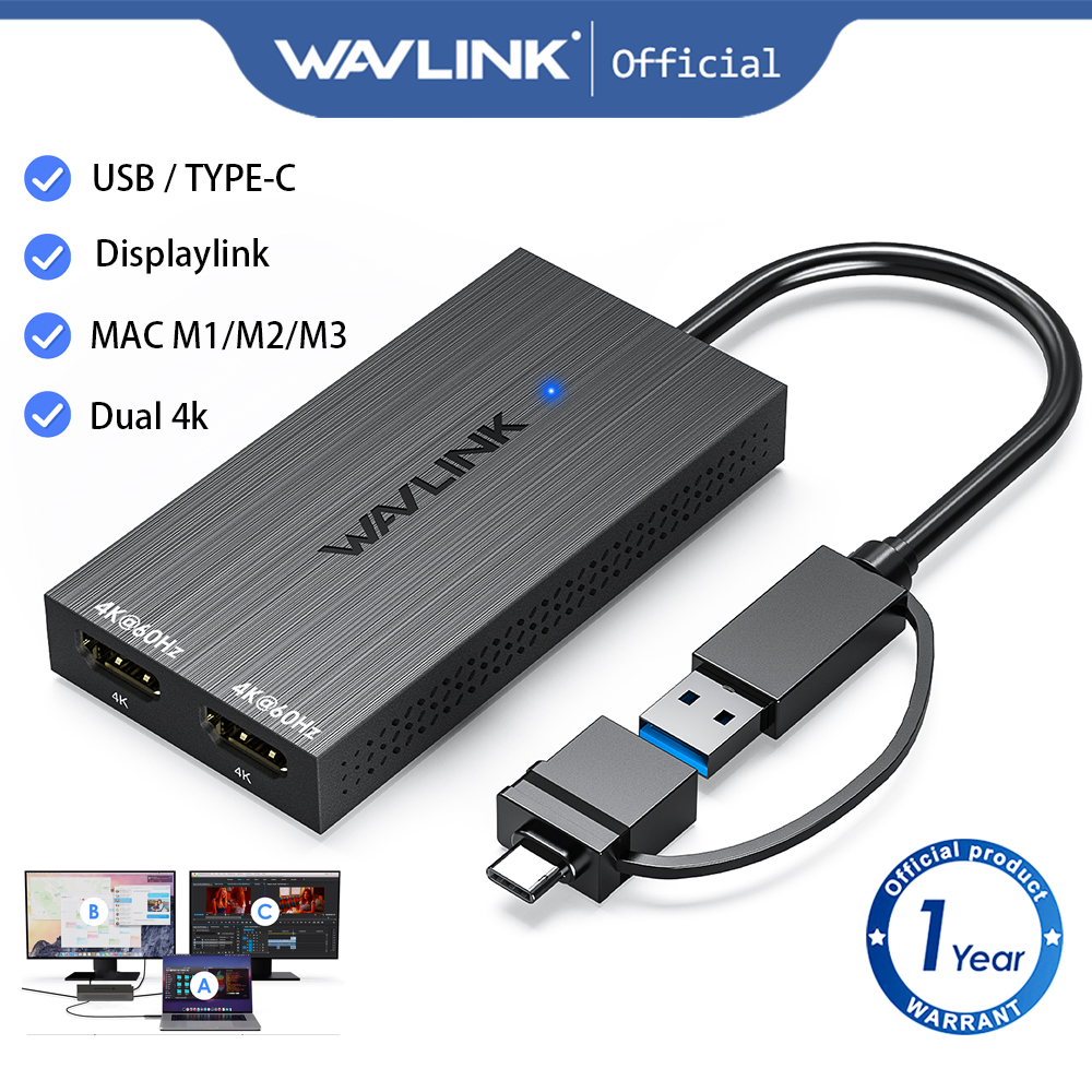 Bộ chuyển đổi USB sang HDMI kép Wavlink với Chip Displaylink Hỗ trợ Dual 4K 60HZ và tối đa 6 Montior