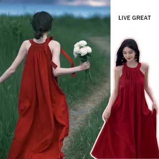 Váy treo cổ nữ LIVE GREAT Nhật Bản và Hàn Quốc ngày lễ dài màu đỏ