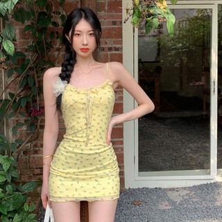 Váy yếm nữ không tay nơ hoa buộc dây màu trơn sợi lưới mỏng mùa hè