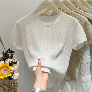 YAYUAN Áo thun ngắn tay nữ vòng cổ hiển thị gầy đầu màu hạnh nhân