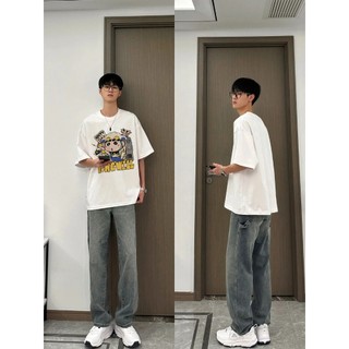 Cotton nguyên chất 220g Áo thun ngắn tay màu trắng nam mùa hè đường phố thương hiệu thời trang dáng rộng thường ngày hàng đầu