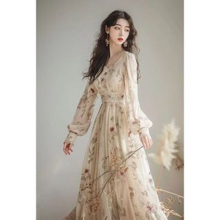 Qianqian Quần Áo Nữ QQ Cao Cấp Siêu Đẹp Hoa Dài Tay Đầm Thu Đông 2024 Phong Cách Mới Dài Pháp Cao Cấp Nhẹ Sang Trọng Váy Dài