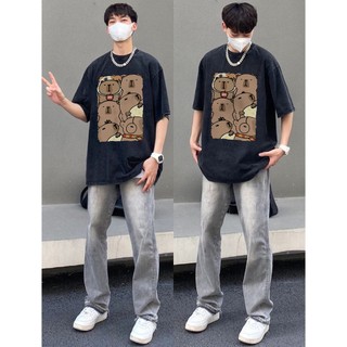 Áo nam tay ngắn in hình cổ điển kiểu Mỹ dáng rộng thời trang thương hiệu cotton trắng tay ngắn