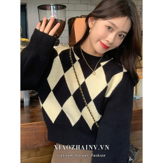 Xiaozhainv Retro tương phản lưới kim cương dài tay áo len dệt kim cho nữ dáng rộng vừa vặn giảm béo áo chui đầu
