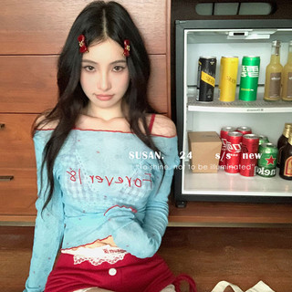 Một Vai Mỏng Phong Cách Thêu Dài Tay Slim-Fit Áo Thun Nữ Mùa Hè Hot Girl Xanh Ngắn Phong Cách Chống Nắng Áo Top
