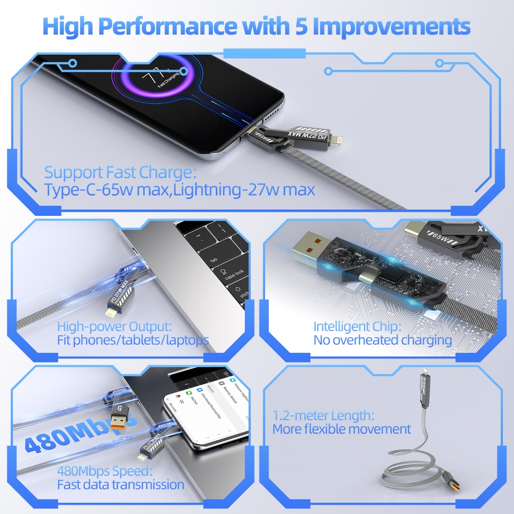 Cáp sạc GOOJODOQ 65W Sạc nhanh Đa năng 4 trong 1 Nhiều dây Usb có, Type-C, Micro | BigBuy360 - bigbuy360.vn