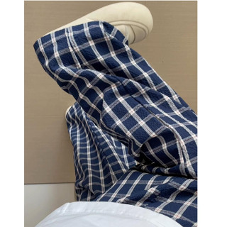 Quần ca rô màu xanh cổ điển dành cho nữ phong cách mỏng mùa hè, cảm giác treo lưng cao thông thường mới, quần ống nhỏ và rộng