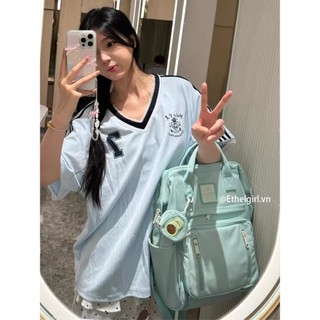 Ethelgirl Hàn Quốc All Match ba thanh màu xanh cổ chữ V dáng rộng quần áo nữ tay ngắn Áo thun hàng đầu