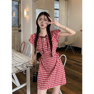 QADCOL Váy ngắn tay ca rô màu đỏ thanh lịch dành cho nữ Mùa hè Thiết kế cổ điển Cutout Eo Váy giảm béo Váy Mini sành điệu