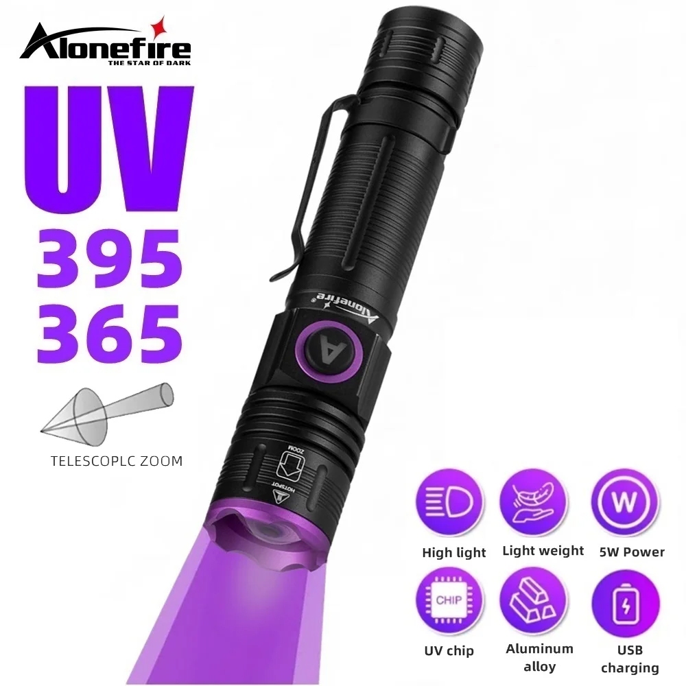 Alonefire SV85 Zoom 365nm Đèn pin UV USB có thể sạc lại Đèn móng tay bằng tia…
