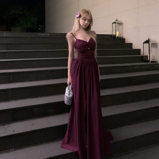 Tiệc Đảng Pháp Váy Dài Cổ Halter Màu Tím Gợi Cảm Cho Nữ Ôm Eo Hẹp Rỗng Thiết Kế Dây Không Tay Dài Vừa Chia Voan A @ -