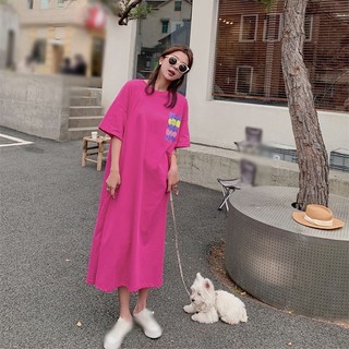 Đầm Nữ Cổ Tròn Tay Ngắn In Màu Trơn Áo Thun Hàn Quốc Rời Thường Ngày Mùa Hè