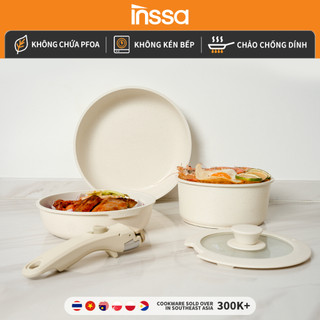 INSSA Full set nồi xếp chống dính bộ 3 món chảo rán chảo chiên nồi có tay cầm rời, dùng được cho bếp ga bếp từ GUOJ029