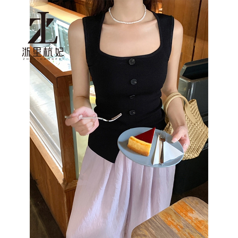 ZHELIHANGFEI Pure Desire Slimer Nhìn Cổ Vuông Che Bên Ngực Dệt Kim Áo Vest Nữ Phong Cách Phương Tây Thẻ Eo Áo Sơ Mi Nhỏ Chia Tay Camisole Top | BigBuy360 - bigbuy360.vn