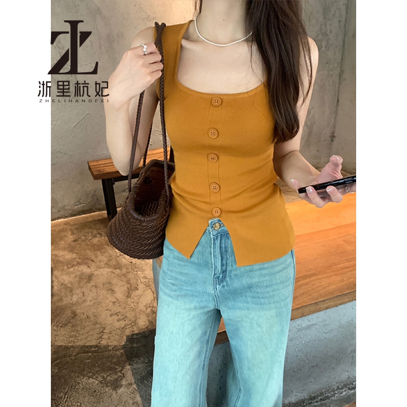 ZHELIHANGFEI Pure Desire Slimer Nhìn Cổ Vuông Che Bên Ngực Dệt Kim Áo Vest Nữ Phong Cách Phương Tây Thẻ Eo Áo Sơ Mi Nhỏ Chia Tay Camisole Top | BigBuy360 - bigbuy360.vn
