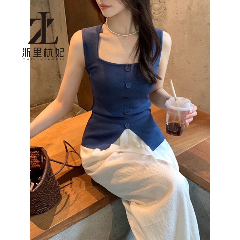 ZHELIHANGFEI Pure Desire Slimer Nhìn Cổ Vuông Che Bên Ngực Dệt Kim Áo Vest Nữ Phong Cách Phương Tây Thẻ Eo Áo Sơ Mi Nhỏ Chia Tay Camisole Top | BigBuy360 - bigbuy360.vn