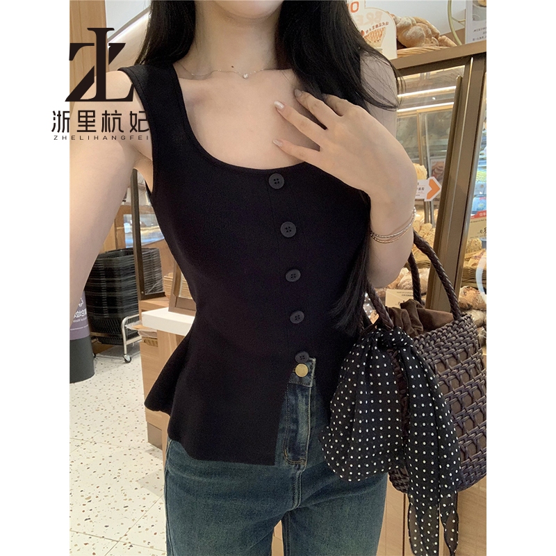 ZHELIHANGFEI Pure Desire Slimer Nhìn Cổ Vuông Che Bên Ngực Dệt Kim Áo Vest Nữ Phong Cách Phương Tây Thẻ Eo Áo Sơ Mi Nhỏ Chia Tay Camisole Top | BigBuy360 - bigbuy360.vn