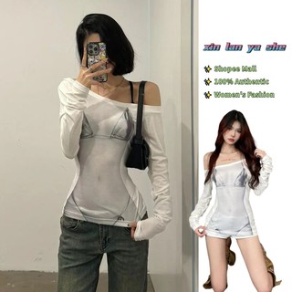 Xin LAN YA SHE Áo thun nữ dài tay in hình bikini Spice Slim-fit áo lệch vai