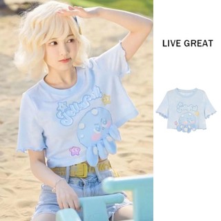 Live GREAT Áo thun nữ thiết kế dáng rộng dễ thương Nhật Bản hoạt hình ngắn cotton nguyên chất