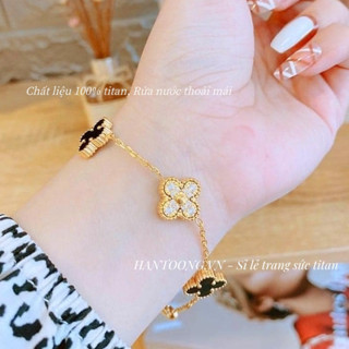 Lắc tay titan cao cấp không gỉ mạ vàng 24k thiết kế hình cỏ 4 lá may mắn đính đá lấp lánh thời trang trẻ trung
