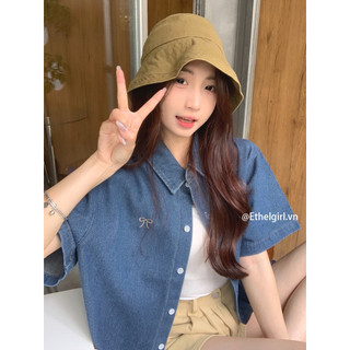 Ethelgirl Áo sơ mi denim thêu nơ cổ điển Hàn Quốc quần áo nữ dáng rộng cổ polo tay ngắn