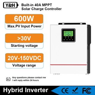 Y&H Biến Tần Lai Năng Lượng Mặt Trời 1000W DC12V Đến AC230V, Biến Tần Sóng Sin Tinh Khiết Ngoài Lưới Với Bộ Sạc Năng Lượng Mặt Trời MPPT 40A Đầu Vào Tối Đa PV 600W DC150V, Phù Hợp Với Pin Lithium / Axit Chì 12V