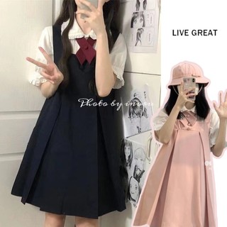 Váy yếm nữ LIVE GREA Dễ thương phong cách Preppy Hàn Quốc màu trơn (Thắt nơ)