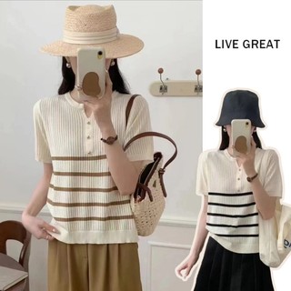 Live GREA Áo thun nữ sọc dệt kim Hàn Quốc dễ thương Top dáng rộng phong cách đại học