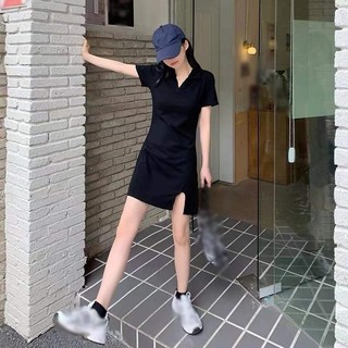 Váy nữ mùa hè Slim Fit bó sát màu trơn cổ chữ V gợi cảm xẻ tà