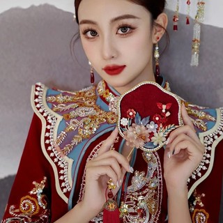 YADORNOS Quạt tua rua cầm tay chào mừng đám cưới phong cách Trung Quốc mới, quạt lớn cổ điển, váy Xiuhe, áo choàng rồng và phượng hoàng, phụ kiện tua rua hoa