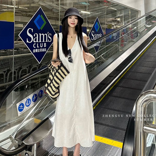 Phiên Bản Hàn Quốc Thời Trang Thường Ngày Phù Hợp Với Váy Dài Trắng Cổ Chữ V Rời Không Tay Giữa Chiều Dài Chữ A