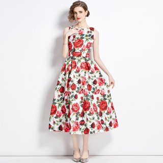 Mùa Hè Cao Cấp Fower Tank Midi Đầm Nữ Runway Thời Trang Cổ Tròn Không Tay In Hoa Dạ Hội Đảng Chữ A Váy