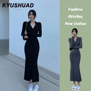 Kyushuad Váy bé gái thuần khiết khao khát quấn mông gợi cảm cô gái dài tay dây kéo ve áo bó sát và đa năng giảm béo đuôi cá váy dài