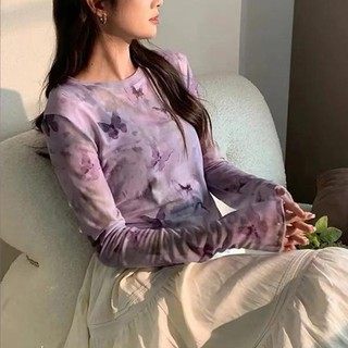 Áo Sơ Mi Nữ Buộc Nhuộm Bướm In Hình Cổ Tròn Tay Dài Lưới Sợi Mỏng Mùa Hè Áo