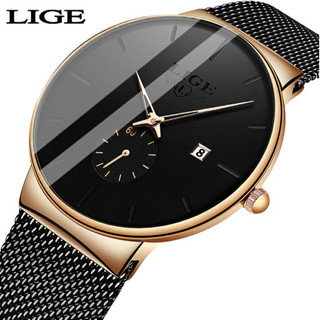 LIGE Đồng hồ thạch anh mỏng dây đeo lưới thép không gỉ chống nước có lịch phong cách  cho nam nữ