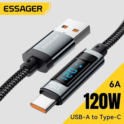 Essager 120W & 6A Cáp Sạc Nhanh Nylon Bện Màn Hình Kỹ Thuật Số Nguồn Sạc Cho Xiaomi Huawei