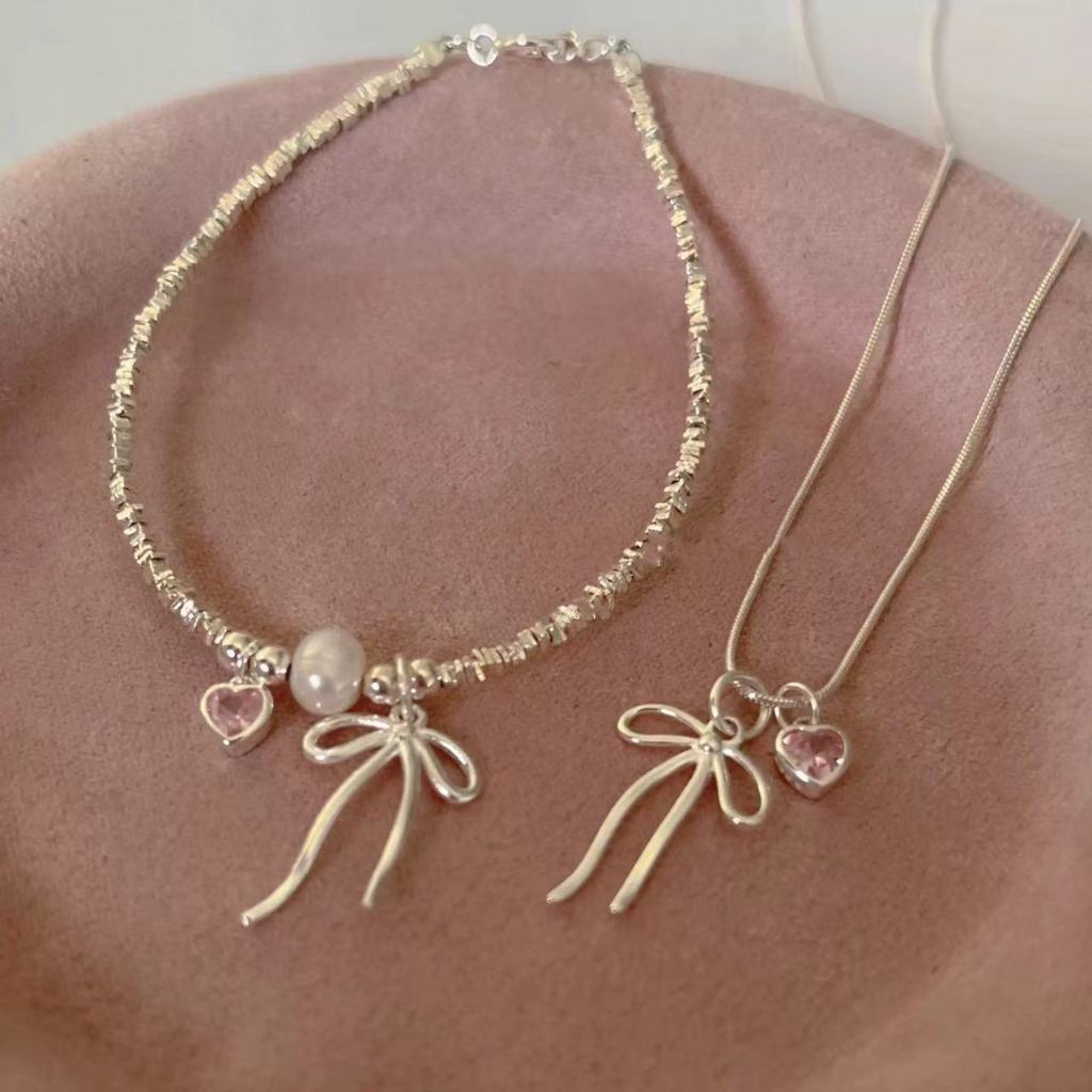 Việt Nam 1 Ngày Giao💕Cô Gái Trái Tim Nơ S925 Bạc Gãy Bạc Ngọc Trai Vòng Cổ Bộ Nữ